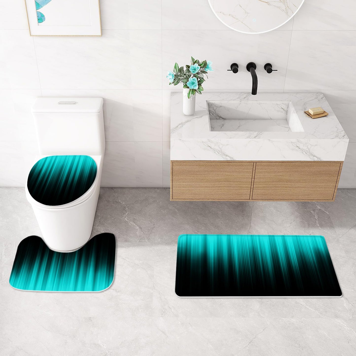 Litabel 4 Pcs Teal and Black Gradient Shower Curtain Set with Rugs and Toilet Lid Cover, Modern Simple Waterproof Fabric Bathroom Set, Ombre Stripe Gothic Abstract Bathroom Decor Set Accessories