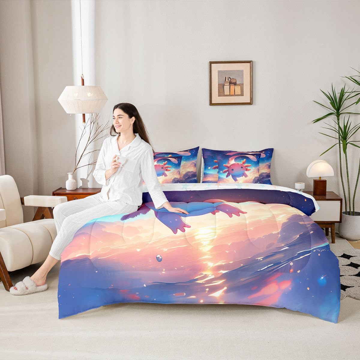 Erosebridal Ombre Axolotl Pink Blue Girls Kids 7 Piece Bedding Set Twin | Cartoon Animal Comforter Set with Sheets Dreamy Starry Bed in A Bag Galaxy Cloud Bed Sets