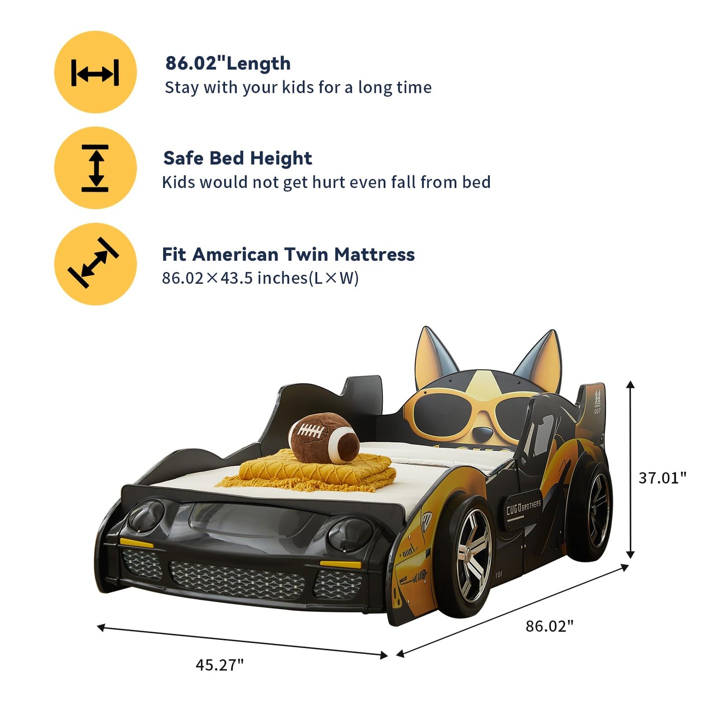 LKTART Twin Size Car Bed for Kids, Cartoon Dog Race Car-Shaped Wooden Platform Bed Frame with Headboard Wheels, LED Lights and Support Slats for Boys Toddlers Child
