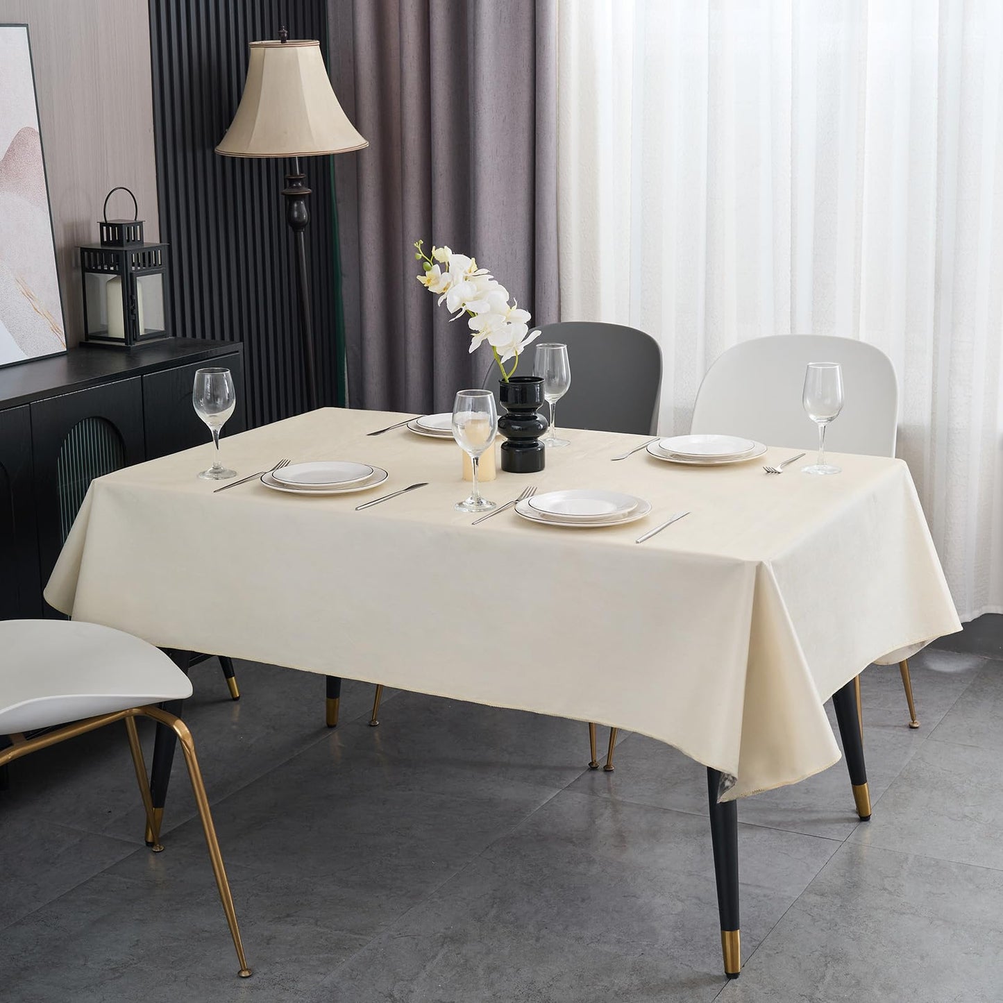Rectangle Tablecloth Wipeable Vinyl Tablecloths with Flannel Backing, Plastic Outdoor Oil-Proof Waterproof Table Cover, Both Indoors and Outdoors. (Beige, 52" x 70")