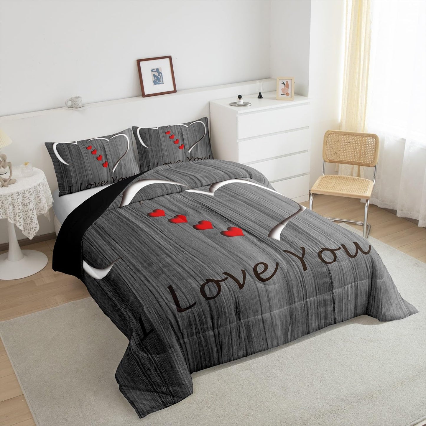 Erosebridal I Love You Bedding Queen,Simple Wooden Comforter Set,Romantic Valentine Gifts Down Comforter,Love Hearts Bedding Comforter Sets