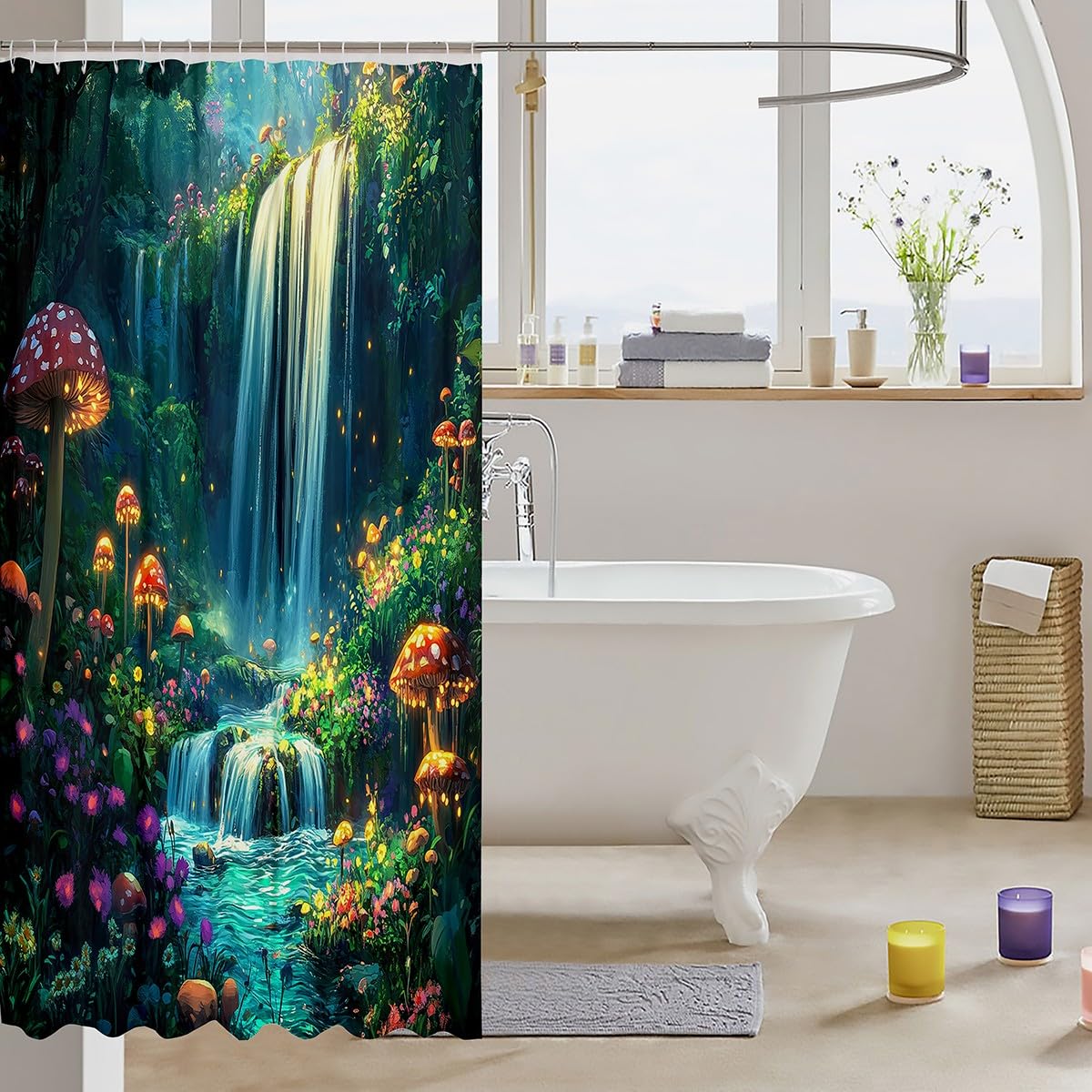 jejeloiu Cute Mushroom Shower Curtain 72"x78" Colorful Floral Mushrooms Bath Curtain for Boys Girls Teens Waterfall Bathroom Shower Curtain Set Waterproof Nature Landscape Kids Bathroom Accessories