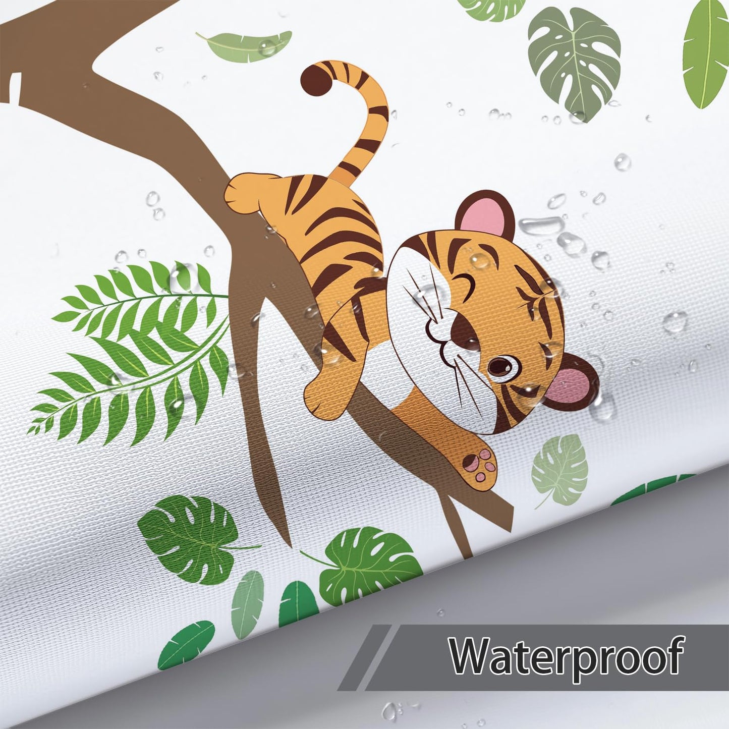 Jungle Animal Kids Shower Curtain, Elephant Lion Giraffe Woodland Safari Shower Curtain Set, Funny Cartoon Animals Educational Fabric Shower Curtain for Bathroom with 12PCS Hooks 72X72IN Green