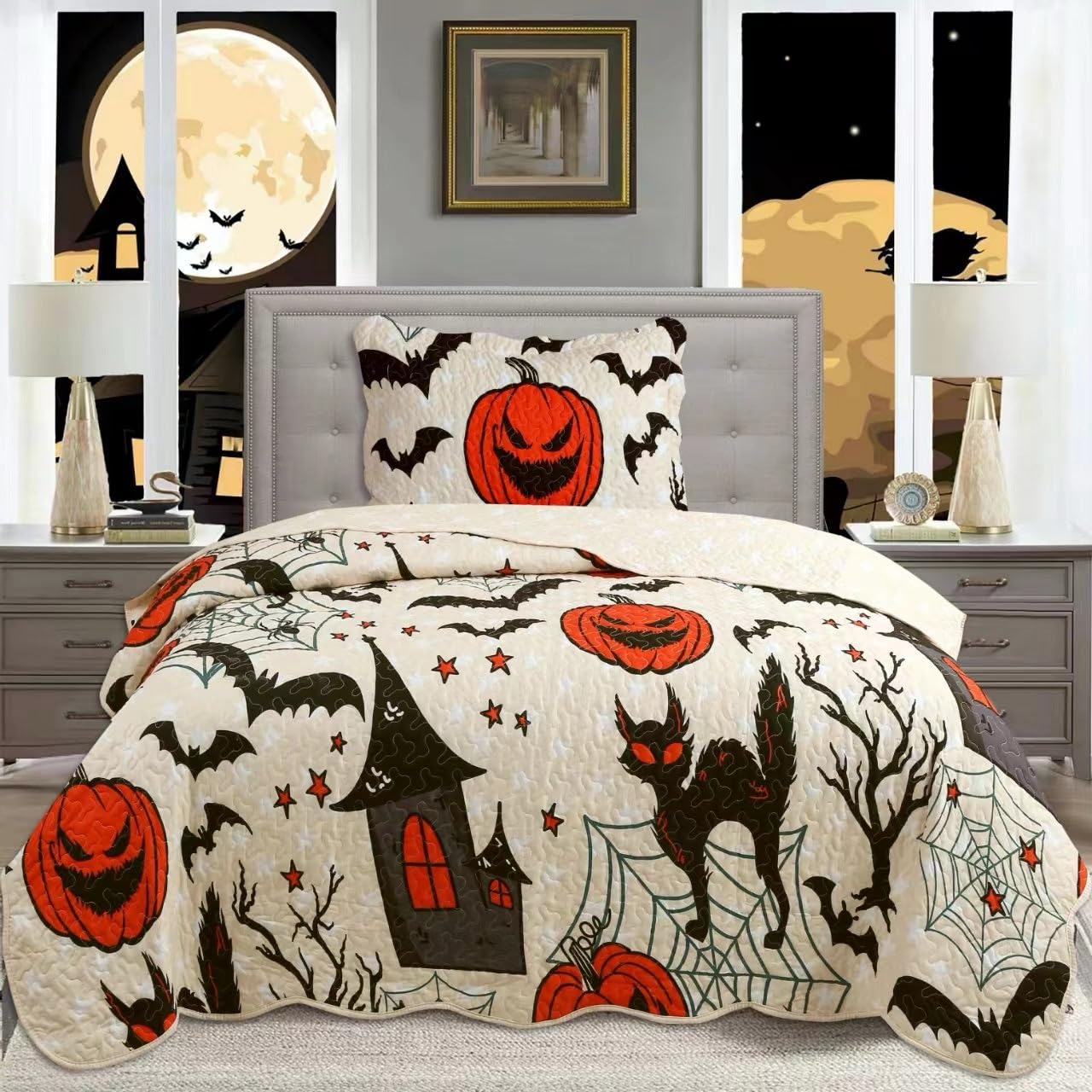 MarCielo Kids Halloween Themed Quilt Bedspread Set Pumpkins, Black Cats, Bats, Haunted Houses ME503 (Twin)