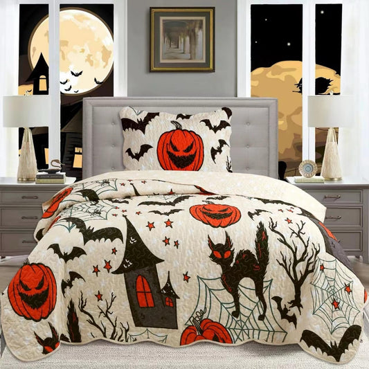 MarCielo Kids Halloween Themed Quilt Bedspread Set Pumpkins, Black Cats, Bats, Haunted Houses ME503 (Twin)