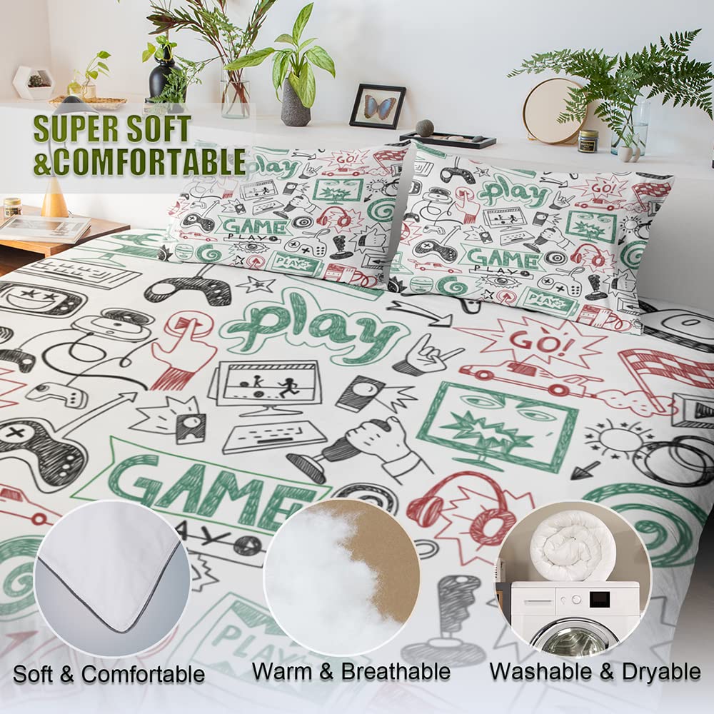Vichonne Game Comforter Sets for Boys Teen Twin Size,Kids Video Games Bedding Set Sketch Style Athletic Racing Game Design Bedroom Home Decor