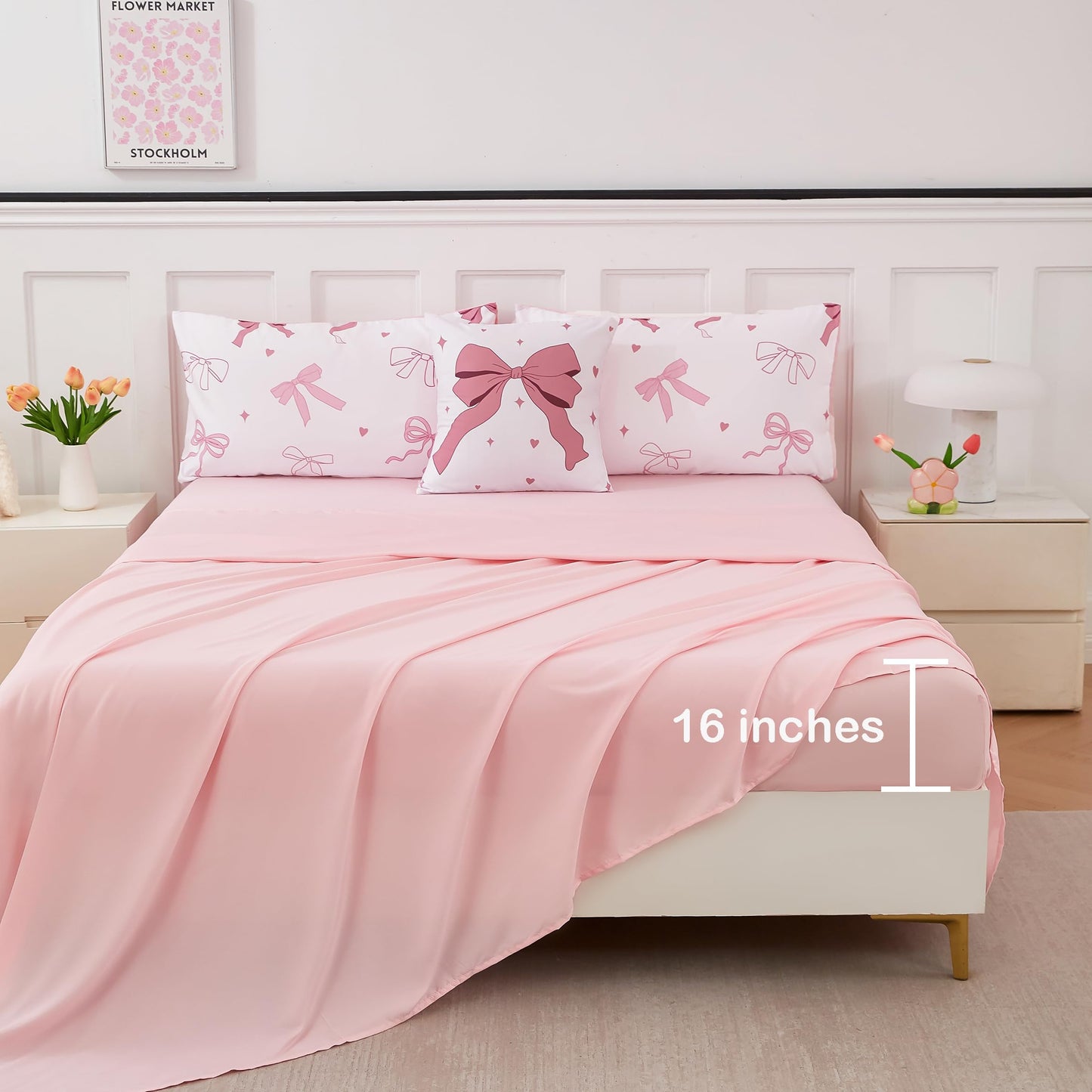 ANGIYUIN Pink Bow Full Size Comforter Sets, Ribbon Bow Knot Girls Bedding Set, 6 Pieces Lover Hearts Stars Kids Bed in a Bag with Sheets(Bow Full)
