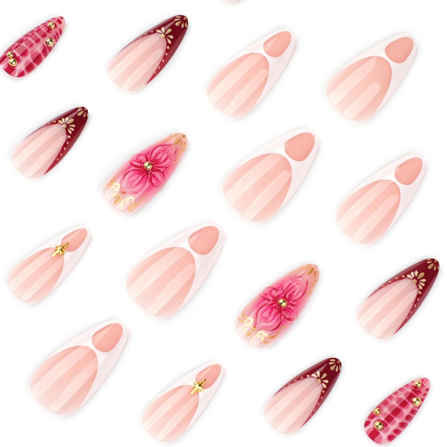 octoswave Press on Nails Long Almond Fake Nails Red French Artificial Nail with 3D Flowers Stick on Nail for Women 24pcs