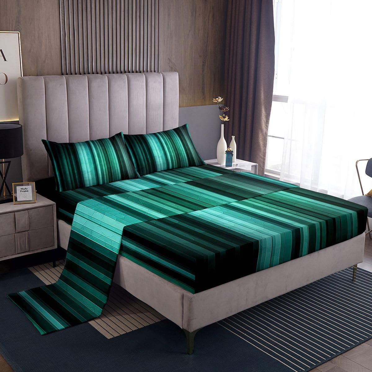 jejeloiu Modern Striped Bed Sheets Set Full Size Geometric Bed Set Black Teal Deep Pocket Fitted Sheet Gradien Breathable Soft Lightweight Microfiber