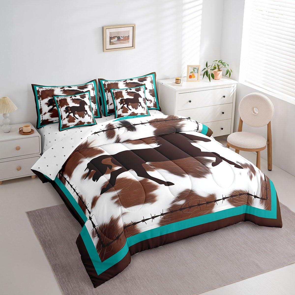 Feelyou Horse 7 Piece Bedding Set 7 Piece Bedding Set Rustic Western Cowboy Cowhide Print Comforter Cover Bedroom Decor Retro Farmhouse Horse Teal Blue Brown Queen Size