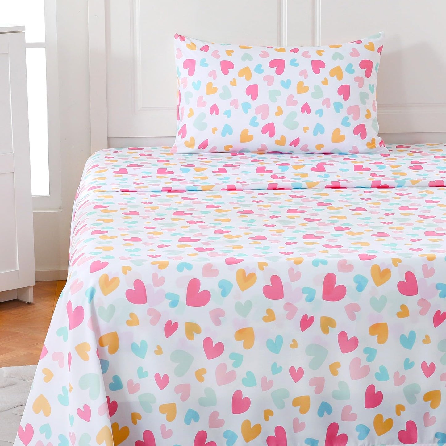 MICORAL Kids Twin Sheets Set Hearts, 3 Pieces Sheets for Boys & Girls, Soft Printed Microfiber Double Brushed Bed Sheets, Deep Pocket Cozy Toddler Bedding Set, Cute Hearts