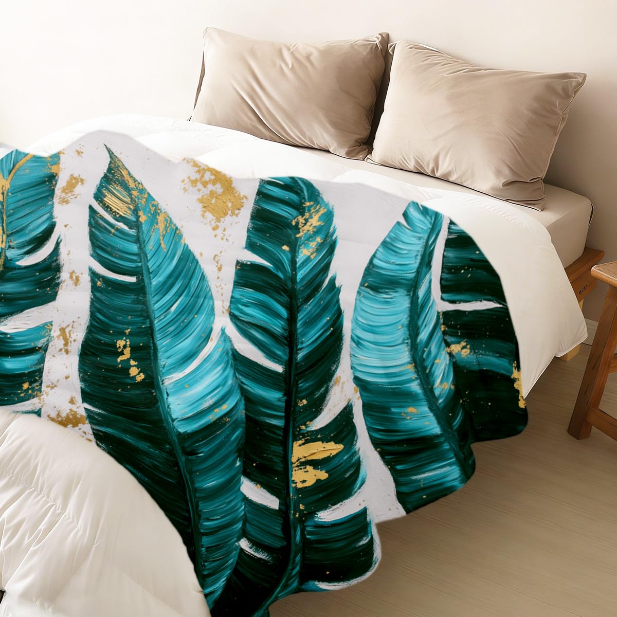 HUNXIAOJ Tropical Blankets and Throws Tropical Plant Blanket for Couch Bed Room Home Decor Tropic Leaf Throws Teal Gold Botanical Decor Flannel Gifts for Women Adults Kids 49"x59"