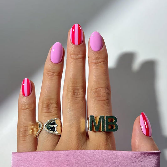 Almond Fake Nails Short Press On Nails Rose Pink Acrylic Nails Press Ons Full Cover False Nails With Glossy Stripe Designs Artificial Glue On Nail Reuseable Short Stick On Nail For Women