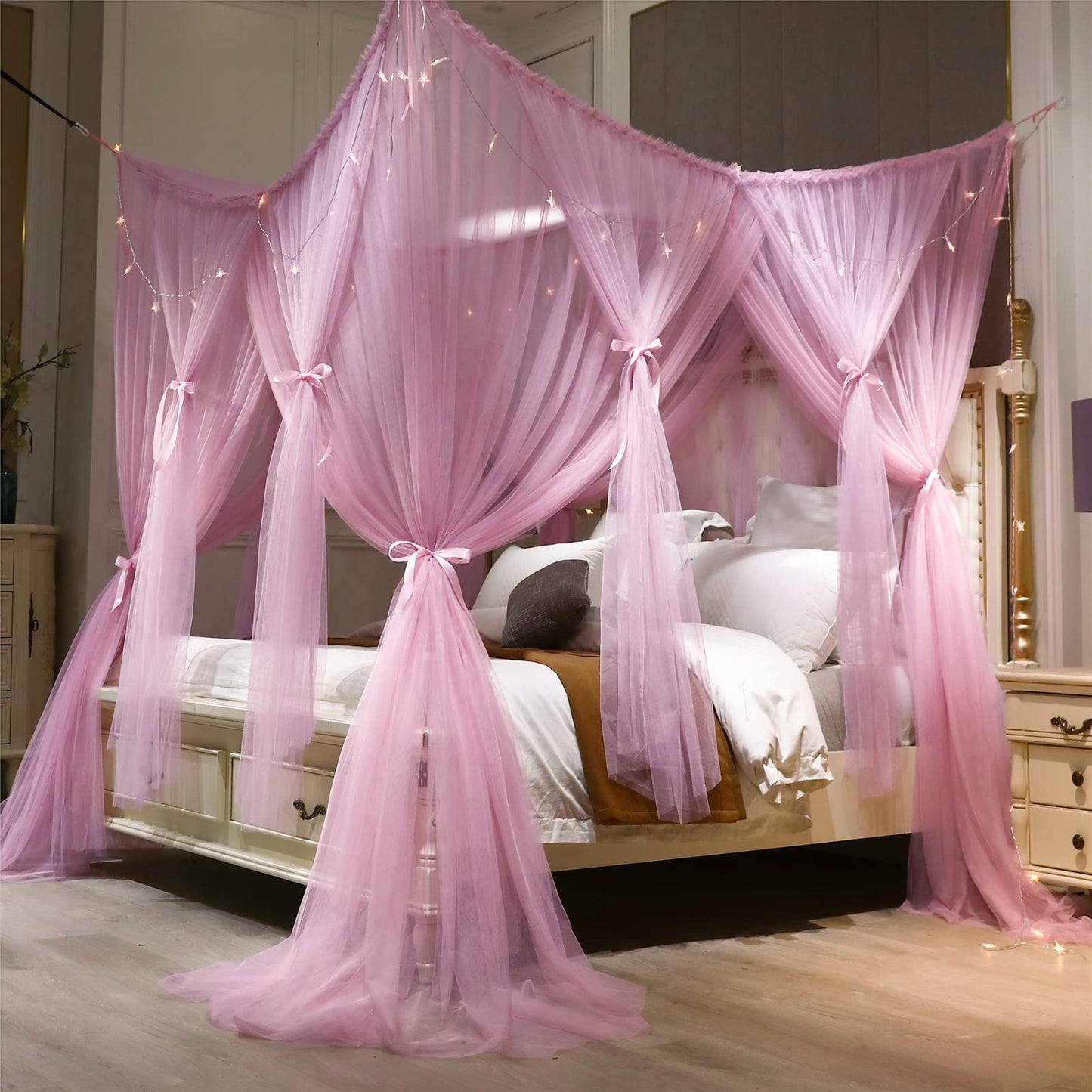VETHIN 4 Corners Post Princess Bed Canopy Curtain Double Layer Cozy Drape Netting 4 Opening Mosquito Net for Girls & Adults Bedroom Decoration Accessories (Double Pink, 78" W*86" L*82"*H/(King))