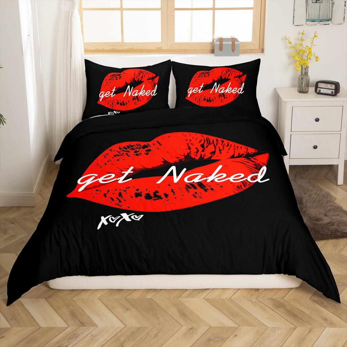 Feelyou Sexy Red Lips Bedding Set Get Naked Comforter Cover for Couple Lover Men Women Funny Quotes Duvet Cover Modern Fashion Stylish Black Red White Bed Set Room Decor Quilt King Size (No Comforter)
