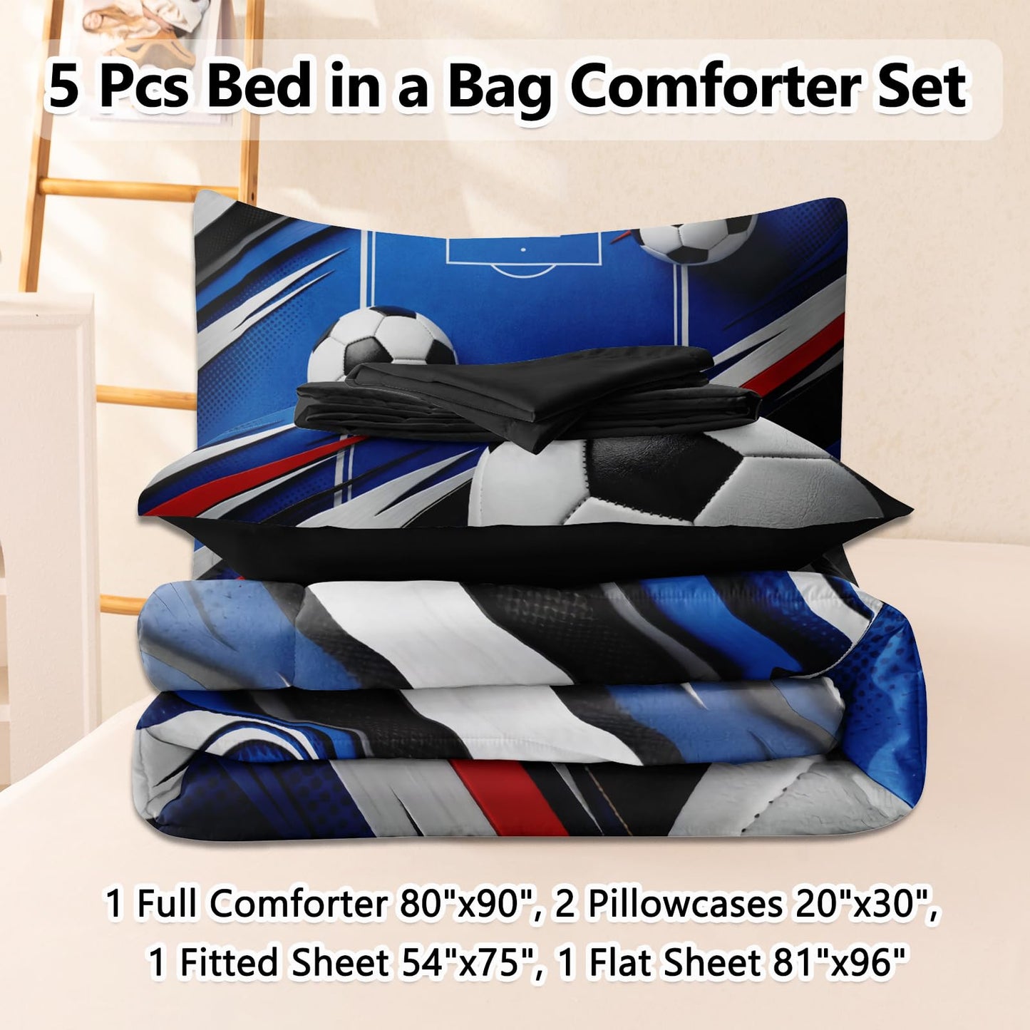 HICAND 5 Pcs Soccer Full Bedding Set for Boys Teens, Full Size Sports Blue Soccer Field Boys Comforter Set with Sheets
