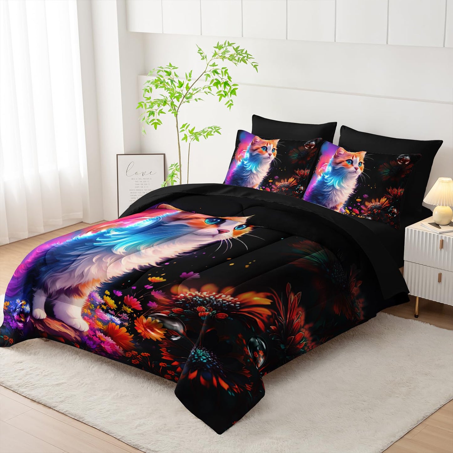 XYNHML Cartoon Kawaii Cat Comforter 7Pcs 3D Animal Flower Toddler Bedding Set Cat Lovers Animal Bubble Quilt Bed Set for Kid Girl Boy Teen Adult Twin with 2 Sheets,2 Pillowcases,2 Throw Pillow Covers