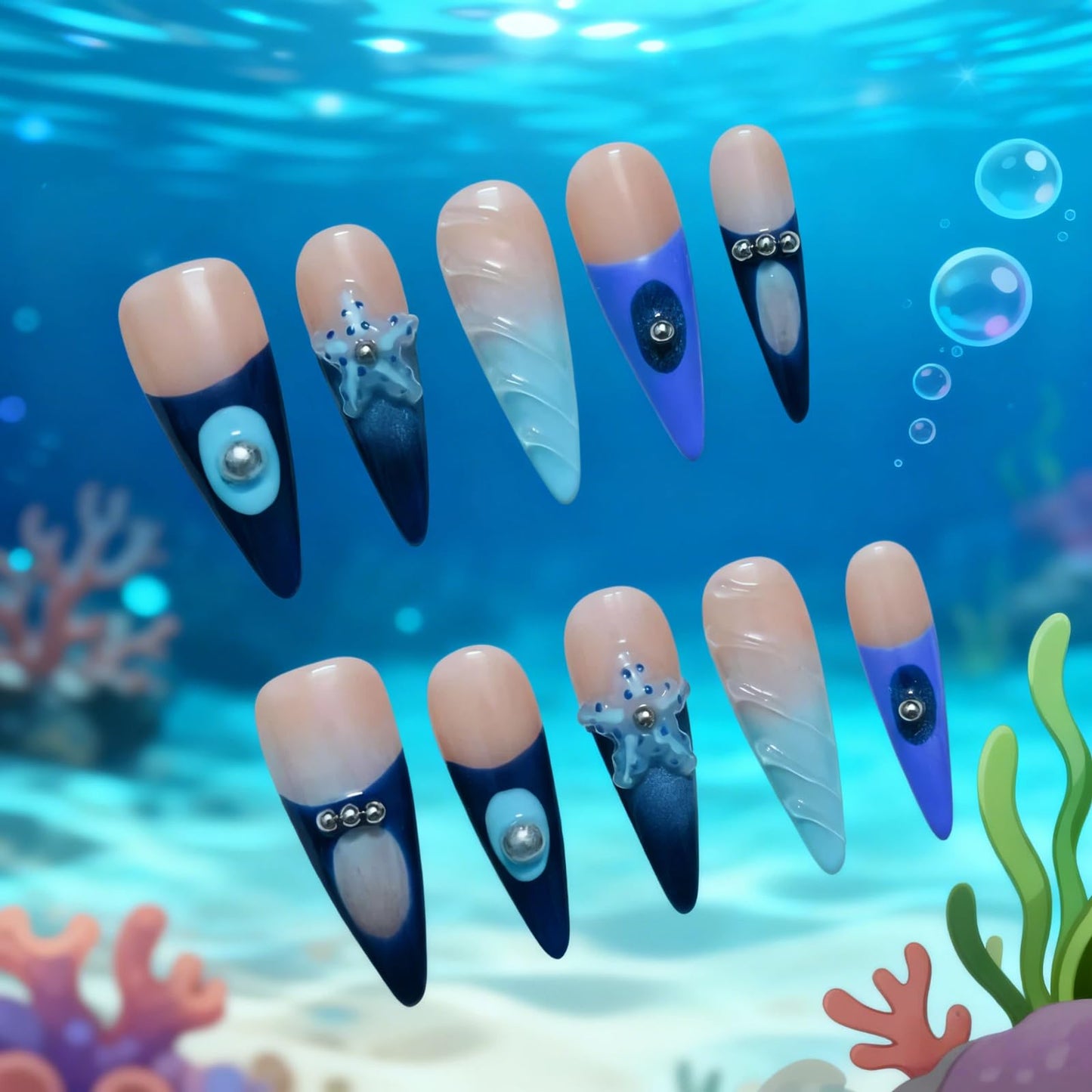 Tesytto Handmade Ocean Blue French Tip Press on Nails Long Stiletto - Luxury 3D Shell & Pearl Design, Summer Beach Vacation Fake Nails (Oceanic Carving,M)