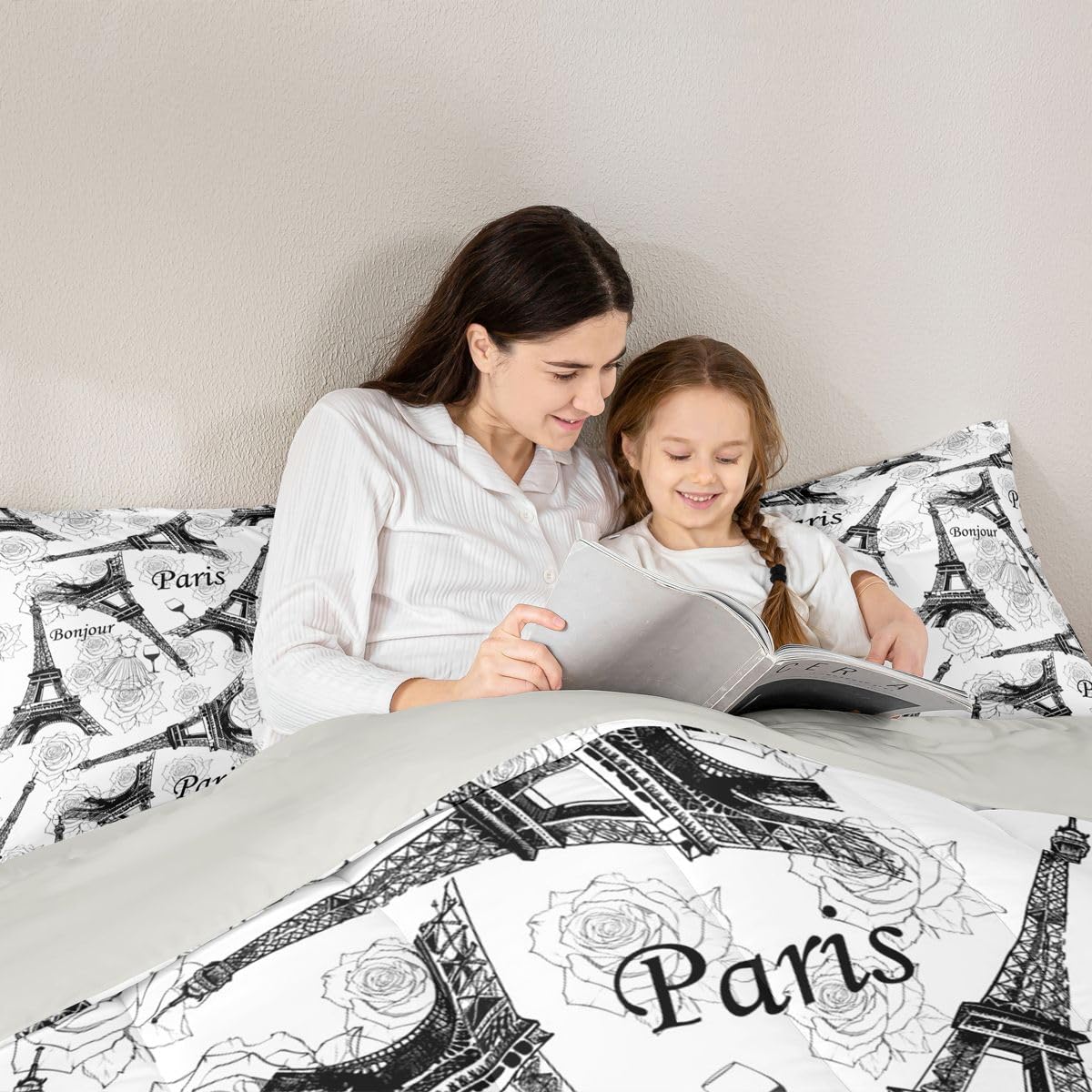 Eiffel Tower Bedding Sets for Boys Girls Couple Romantic Theme Comforter Set, Black and White French Paris Famous Cityscape Eiffel Tower Floral Print Quilted Duvet Valentine's Day Gifts,Full Size