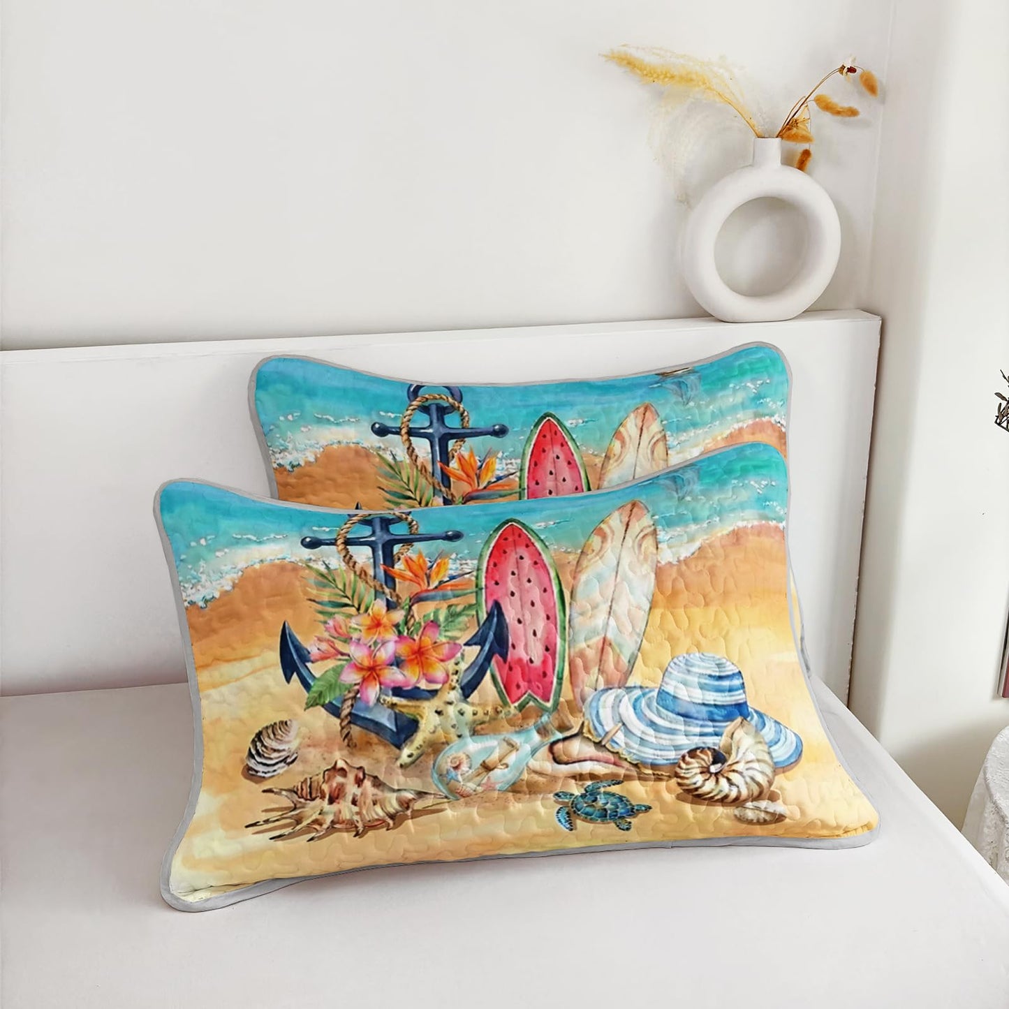 AILONEN Ocean Beach Bedding Quilt Set King Size,Tropical Boat Anchor Surfboard Theme Bedspread Coverlet,Blue Soft Lightweight (Quilt,2 Pillowcases)