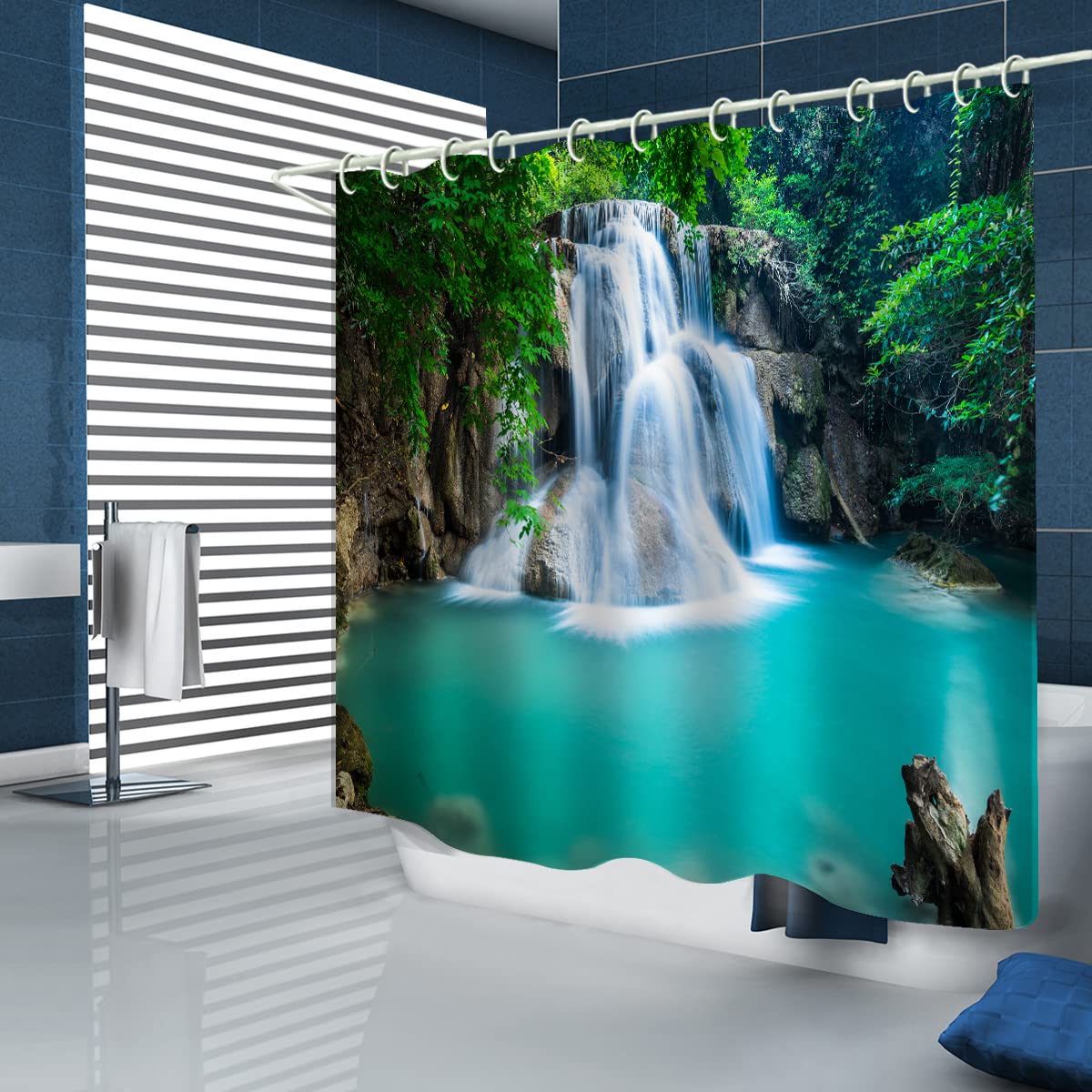 LYFANS Shower Curtains Waterproof Polyester Fabric,Large Width Bright Partition Curtain with Waterfall Pool Print,Shower Curtain Liner for Bathtub Bathroom with 12 White Hooks （72 x72 inches）