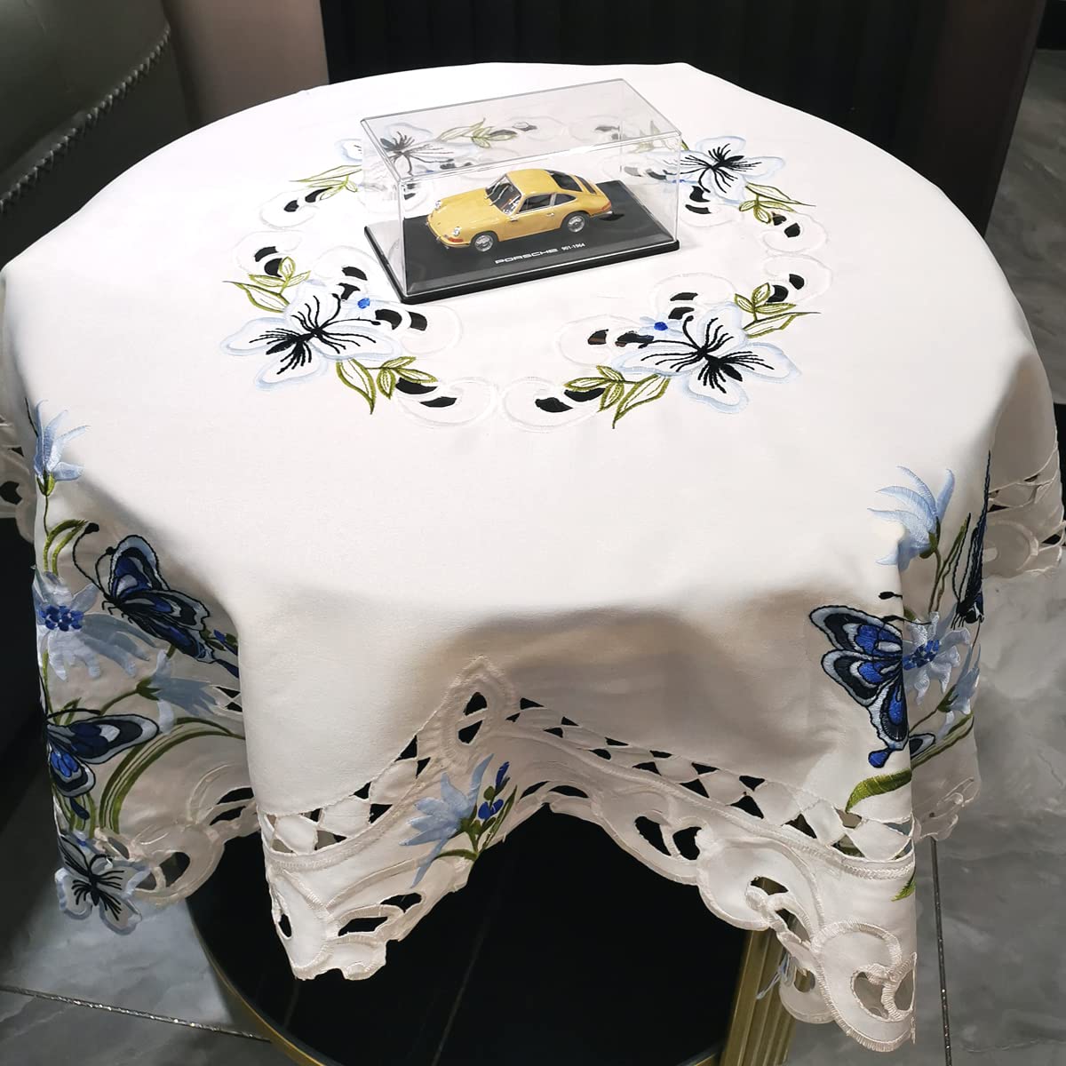LeLehome 33 Inch Embroidery Square Tablecloth, Blue Butterfly Beige Vintage Classic Lace Floral Dining Small Table Cloth Cover