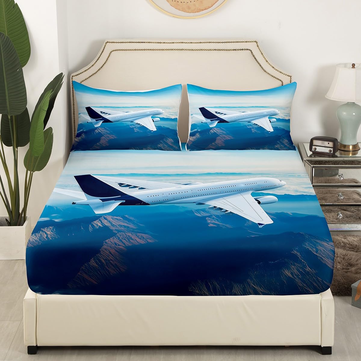 Feelyou 3D Aircraft Bedding Set Airplane Print Bed Sheet Set for Kids Boys Girls Teens Blue Sky Flying Plane Lightweight Microfiber Fitted Sheet Bedroom Decor 3Pcs Bed Cover Full Size