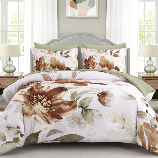 Luxudecor Floral Comforter Set Queen Size, 7 Piece Brown Flower Set Bed in a Bag with Green Botanical Comforter,Soft Microfiber Farmhouse Shabby Chic Bedding Set for All Season(90"x90")