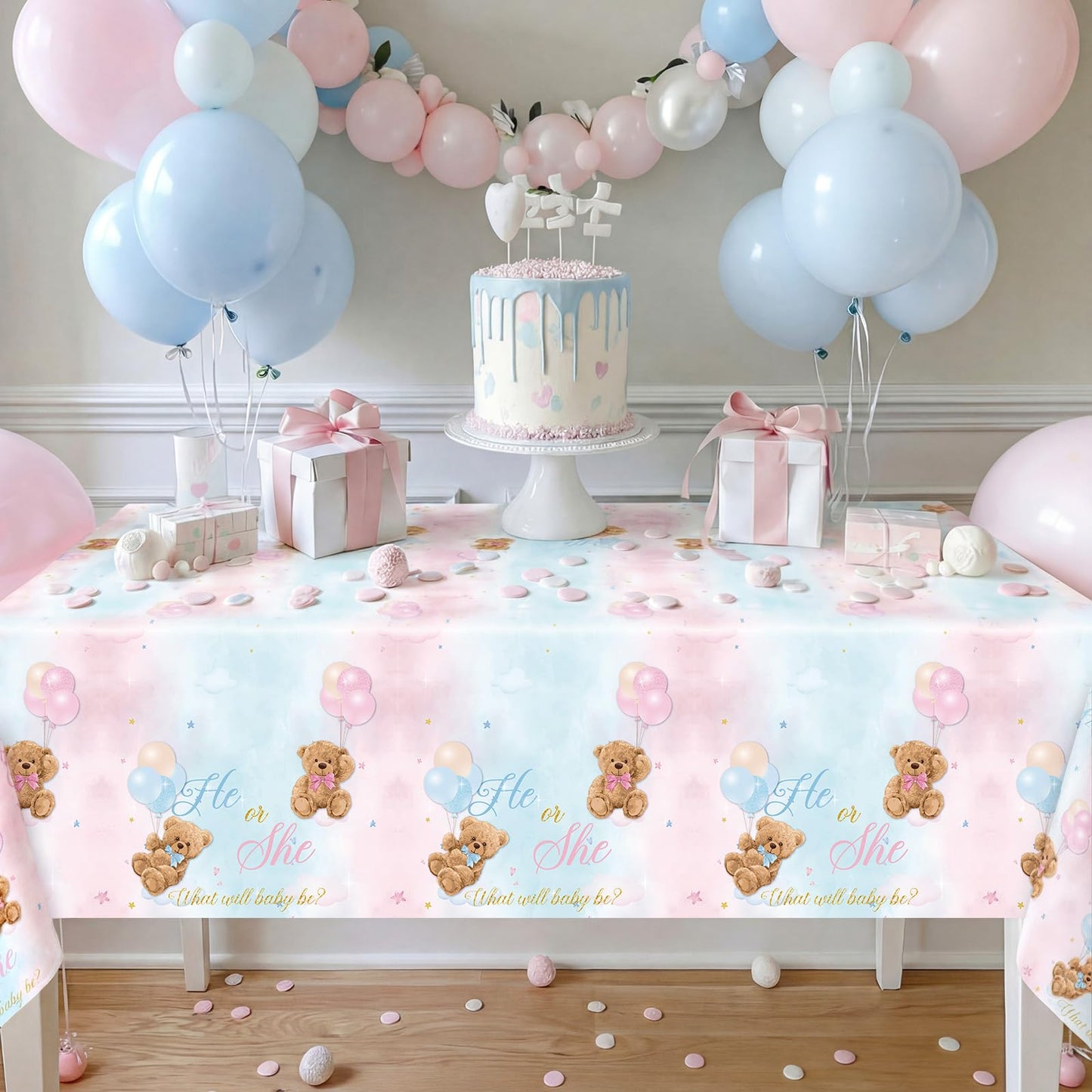 Tiamon 3pcs Bear Gender Reveal Tablecloths Decorations He or She Gender Reveal Table Covers Pink and Blue Rectangle Plastic Bear Baby Shower Table Cloths Party Decorations Supplies, 54 x 108 Inch