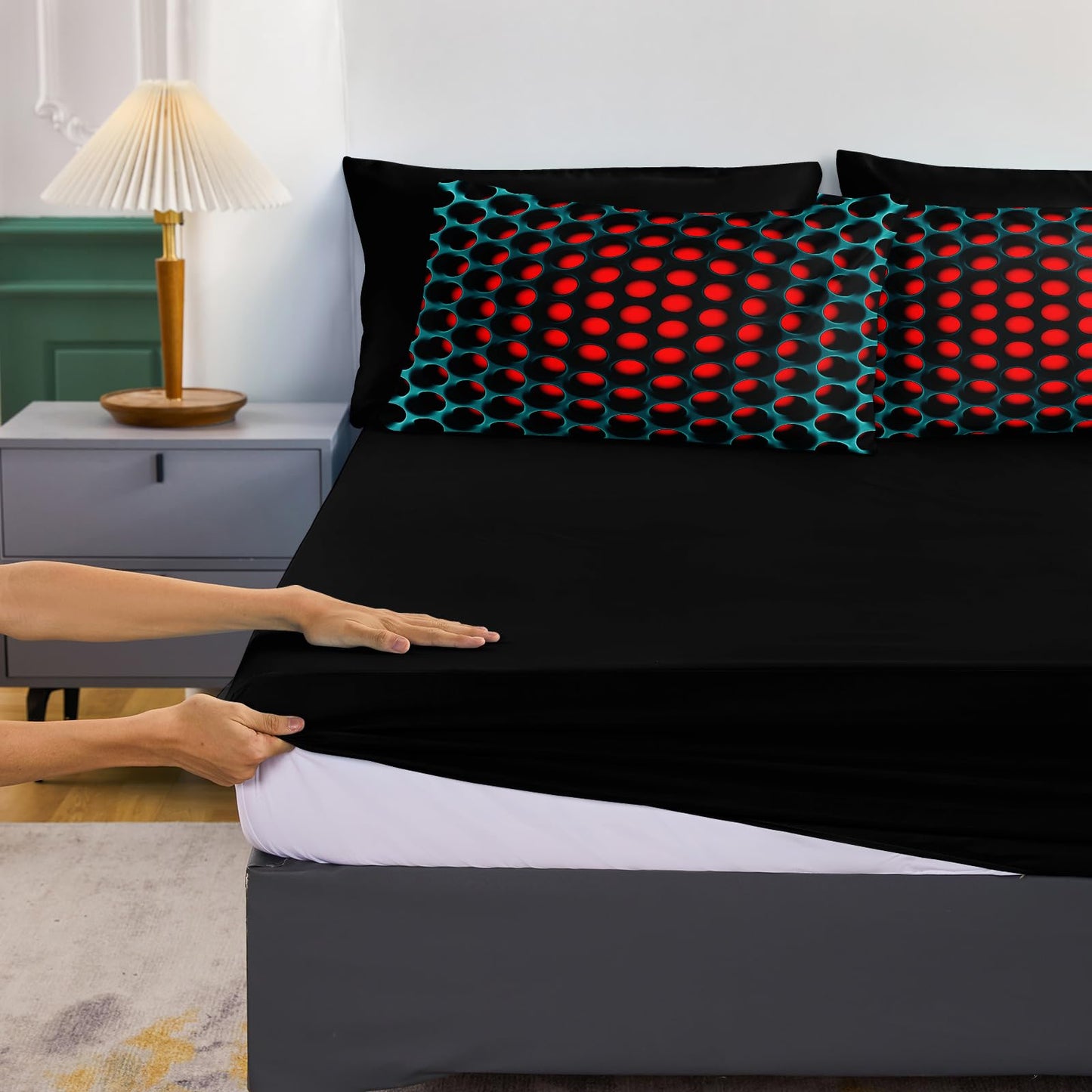 Bedbay Stereoscopic Bedding Set Red Green Honeycomb Queen Comforter Set 8 Pcs Geometric Bed Set with Sheets Colorful Neon Grid Bedding Quilt Set Soft Lightweight Queen Bed in a Bag for All Seasons