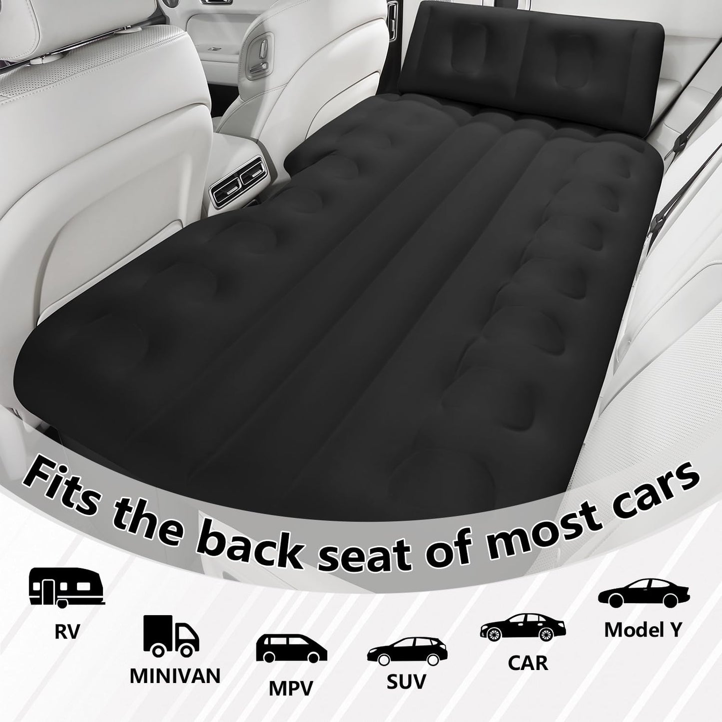BEBAS Car Air Mattress - Truck Back Seat Bed & SUV Sleeping Pad, One-Piece Thickened Self-Inflating Travel Airbed, with Wireless Air Pump & Pillow | Black