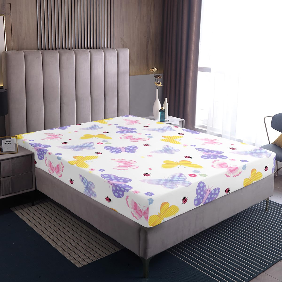 Feelyou Butterfly Fitted Sheet with 1 Pillowcase Twin Size Butterflies Printed Pattern Bed Sheets Set 16" Deep Pocket Boys Girls Purple Blue Checked Bedding Cute Flowers Teens Bedroom Decor