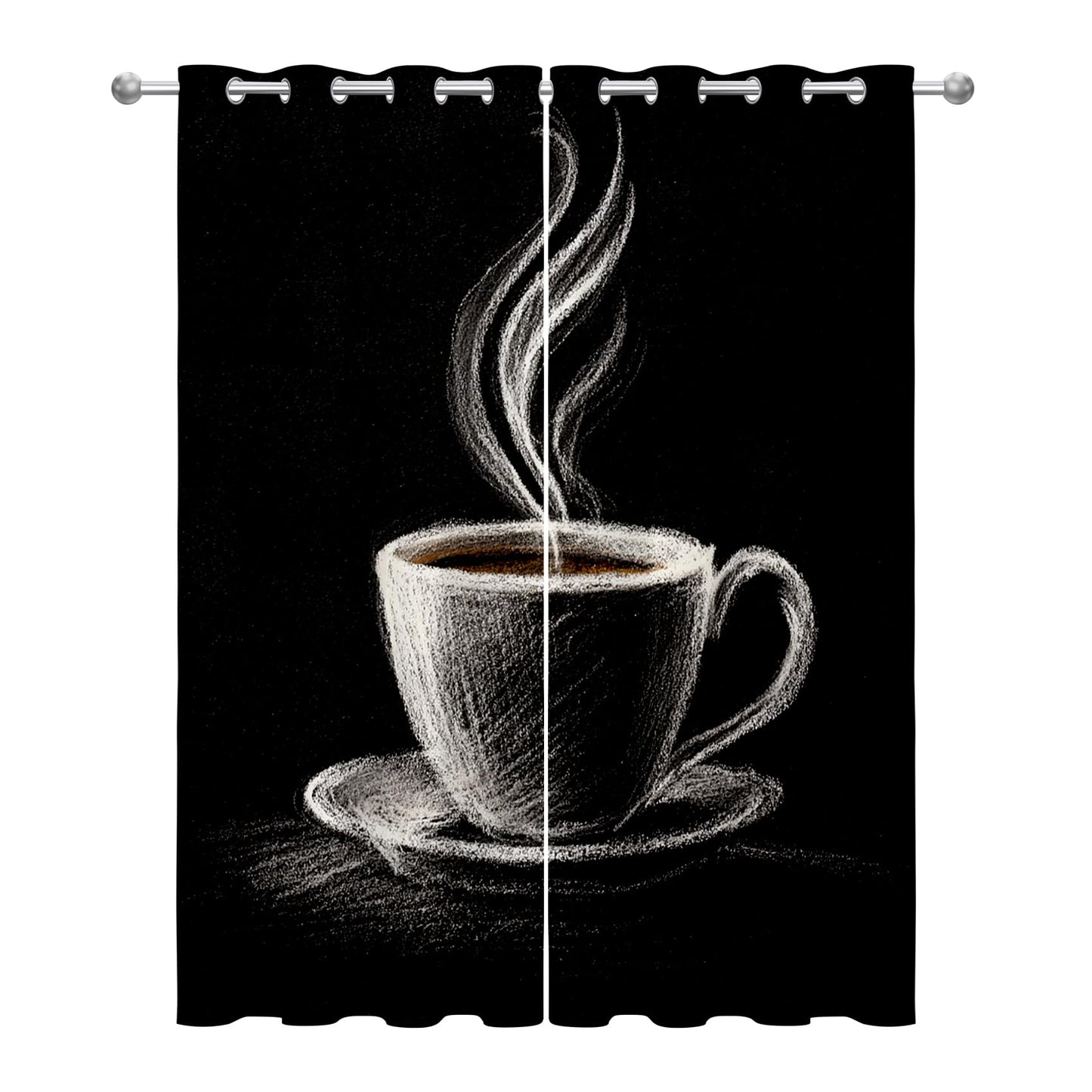 Solvivae Coffee Curtains Blackout, Room Darkening Thermal Insulated Grommet Drapes for Bedroom Living Room, Vintage Coffee Cup Patterned Window Treatments, 96 Inch Curtains 2 Panel Set
