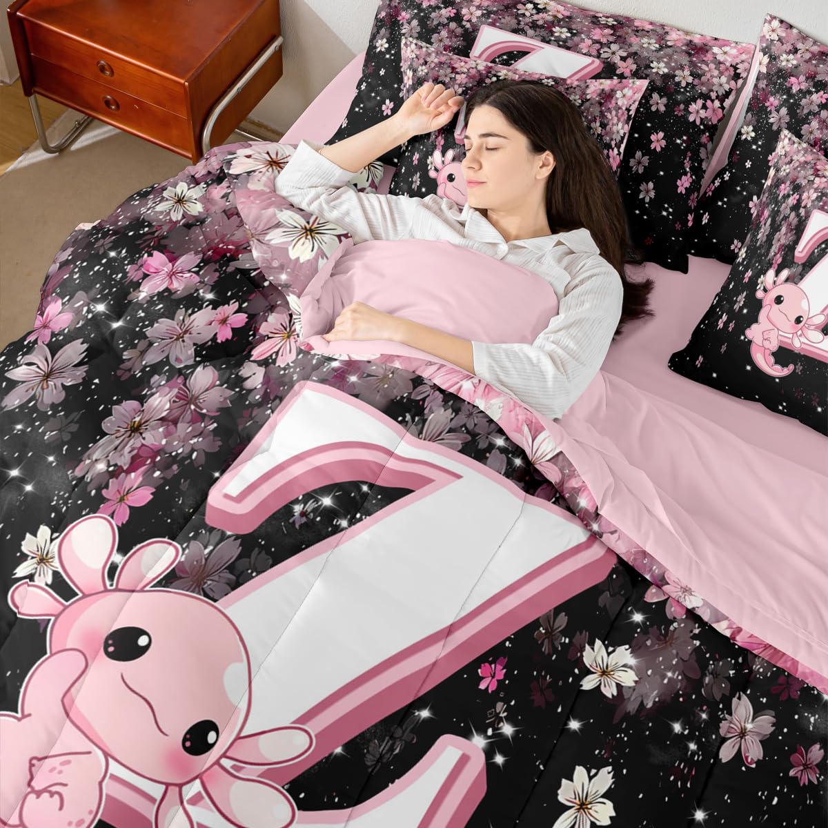 Erosebridal Twin Size Cute Axolotl Bed in A Bag 7 Pieces for Kids Girls Teens | Initial Letter Z Comforter Set with Sheets Japanese Cherry Blossom Bedding Set with Flat Fitted Sheets (Pink and White)