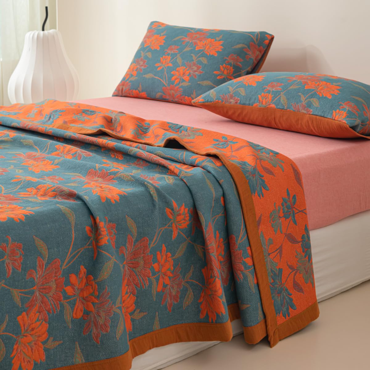Purefair 100% Cotton Muslin Blanket Jacquard Floral Flowers Bloosom Print Quilt, Soft Bed Cover Reversible Bedspread Coverlet Breathable Lightweight Bedding Full/Queen(78"x94"), No Pillow Sham