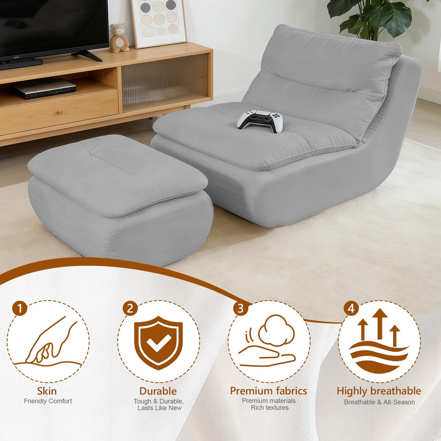 BTFYOU Boneless Chaise Lounge Chair, Large Memory Foam Bean Bag Chair with Ottoman for Adults and Kids, Comfy Sofa Bed Couch for Bedroom Living Room, No Assembly(Gray)