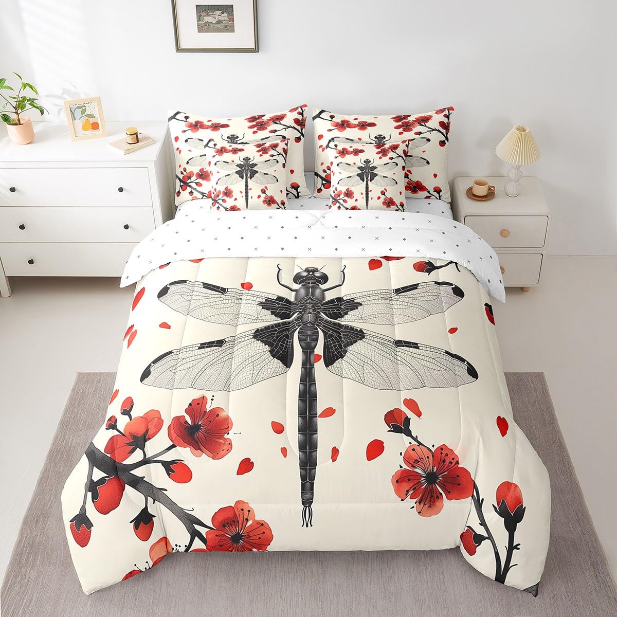 Erosebridal Japanese Cherry Blossom Comforter Set Queen,Red Black Dragonfly Bedding Set 7Pcs for Kids Teens Adults,Watercolor Red Floral Bed in a Bag