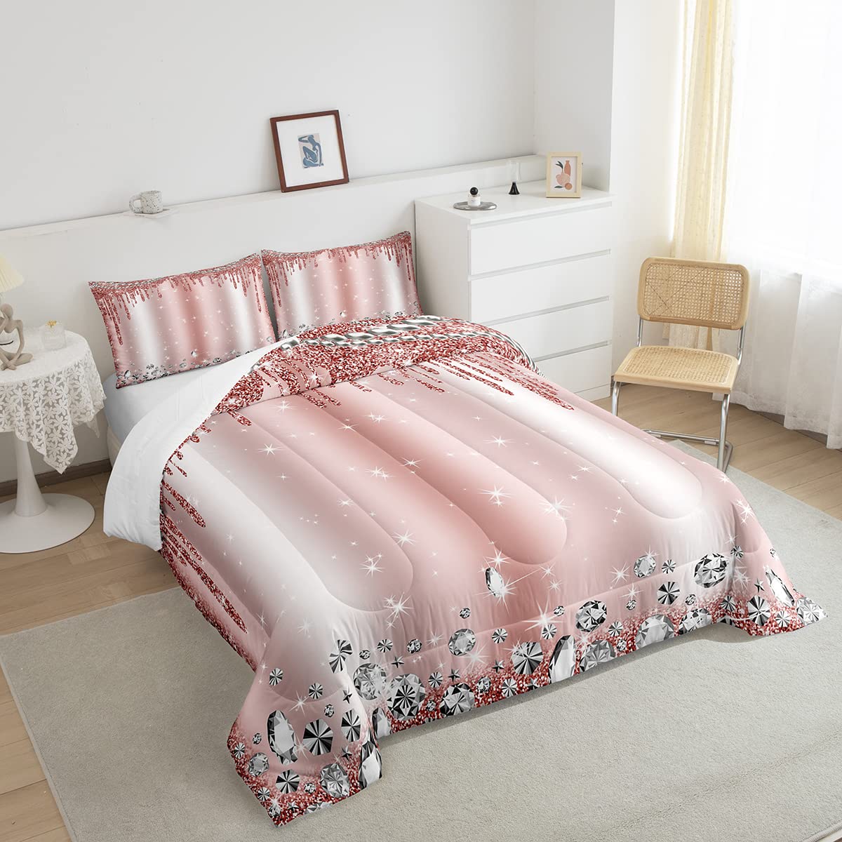 Pink Glitter Bedding Set Queen Women Girls Diamond Jewelry Pearls Comforter Set 3pcs Kids Teens Starry Galaxy Quilted Duvet for Modern Room Decor Fantasy Sparkling Bedspread,2 Pillowcases