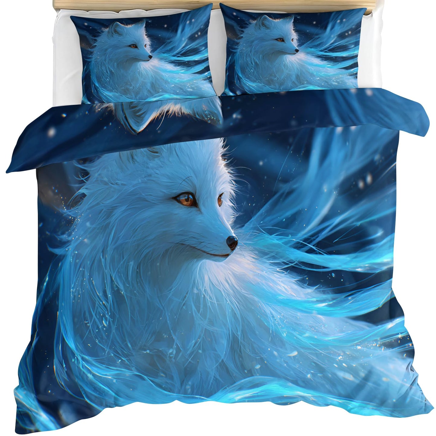 ZAOMIR White Fox Print Duvet Cover Set 3Pcs Reversible Soft Microfiber Fantasy Animal Bedding Set Twin Size Starry Animal Comforter Cover with 2 Pillowcases