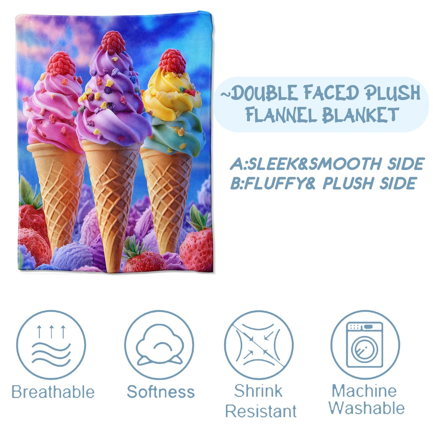 Ice Cream Blanket for Adult Kids, Ice Cream Decor Gifts for Sofa Couch Bed Living Room Soft, Flannel Ice Cream Throw Decoration Soft Warm Lightweight Cozy 60" x 50"
