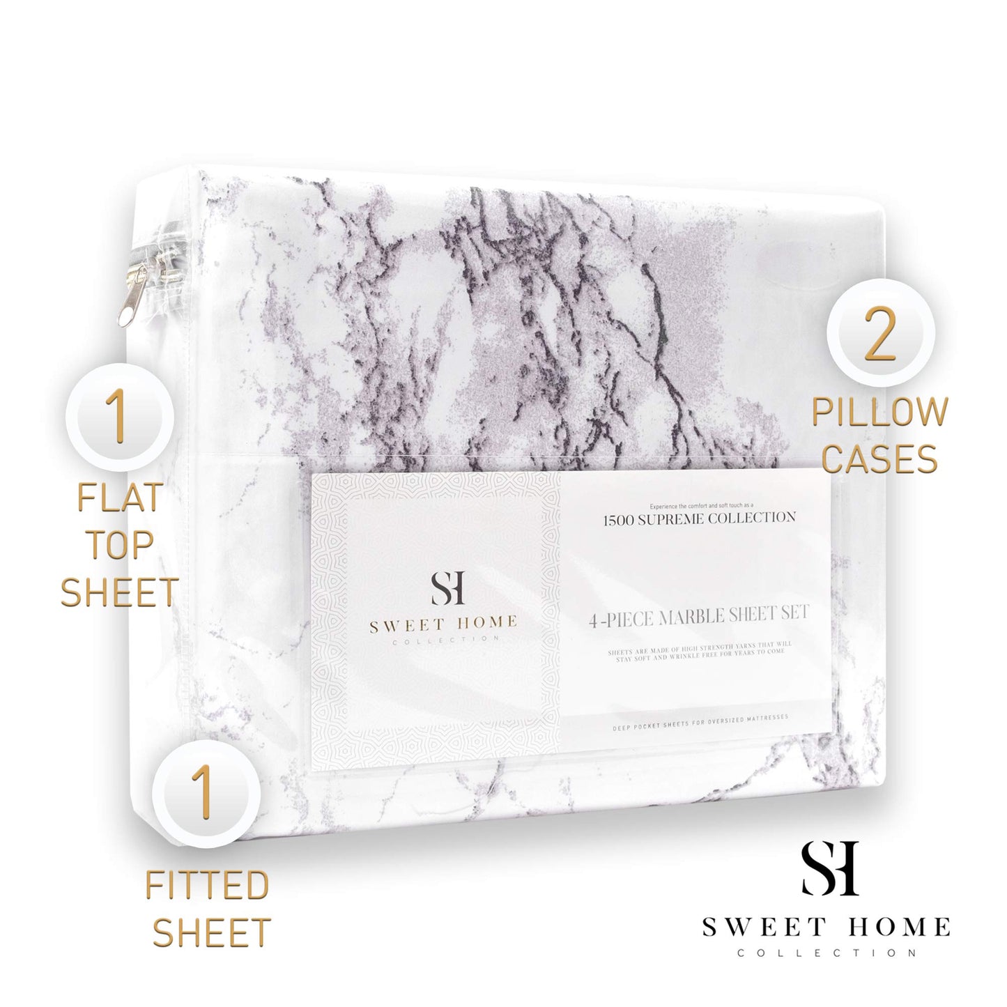 1500 Supreme Collection Extra Soft Marble Print 4-Piece Sheet Set- Luxury Bed Sheets Set with Deep Pocket Wrinkle Free Bedding, Queen Size