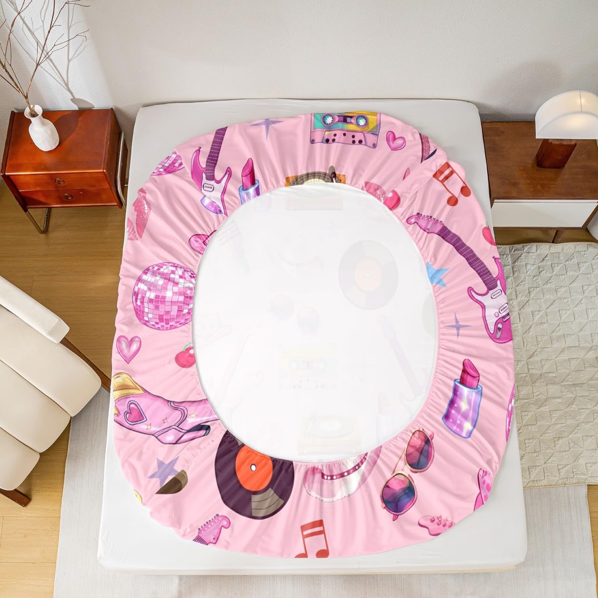 jejeloiu Girls Music Bed Sheets Pink Guitar Cat Western Cowgirl Bedding Set Full Size Fashion Women Singer Bed Cover Pink Room Decor Lightweight Deep Pocket Fitted Sheet (No Top Sheet)