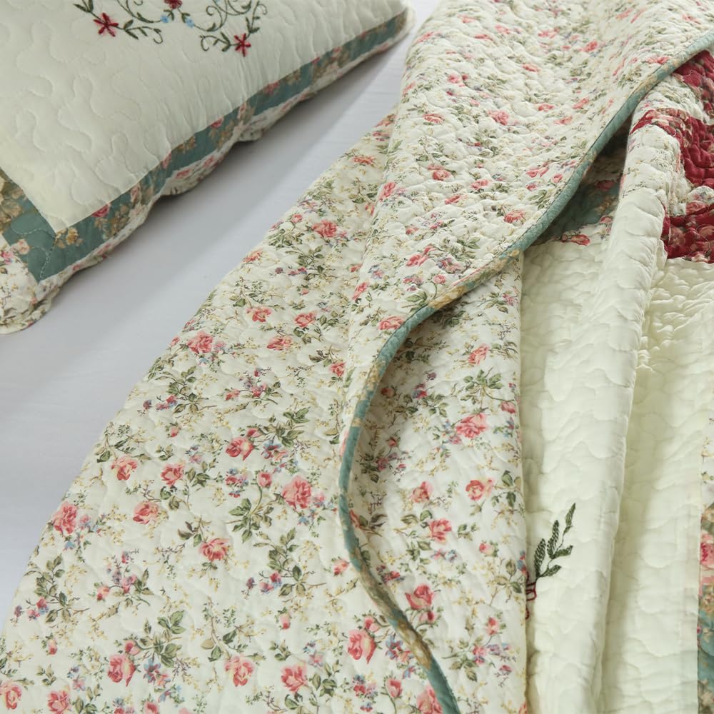 camandy Cotton Bedspread Quilt Bedding Sets, 3 Pieces Reversible Coverlets Comforters Star with Green Floral Real Patchwork Bedspread, King Size