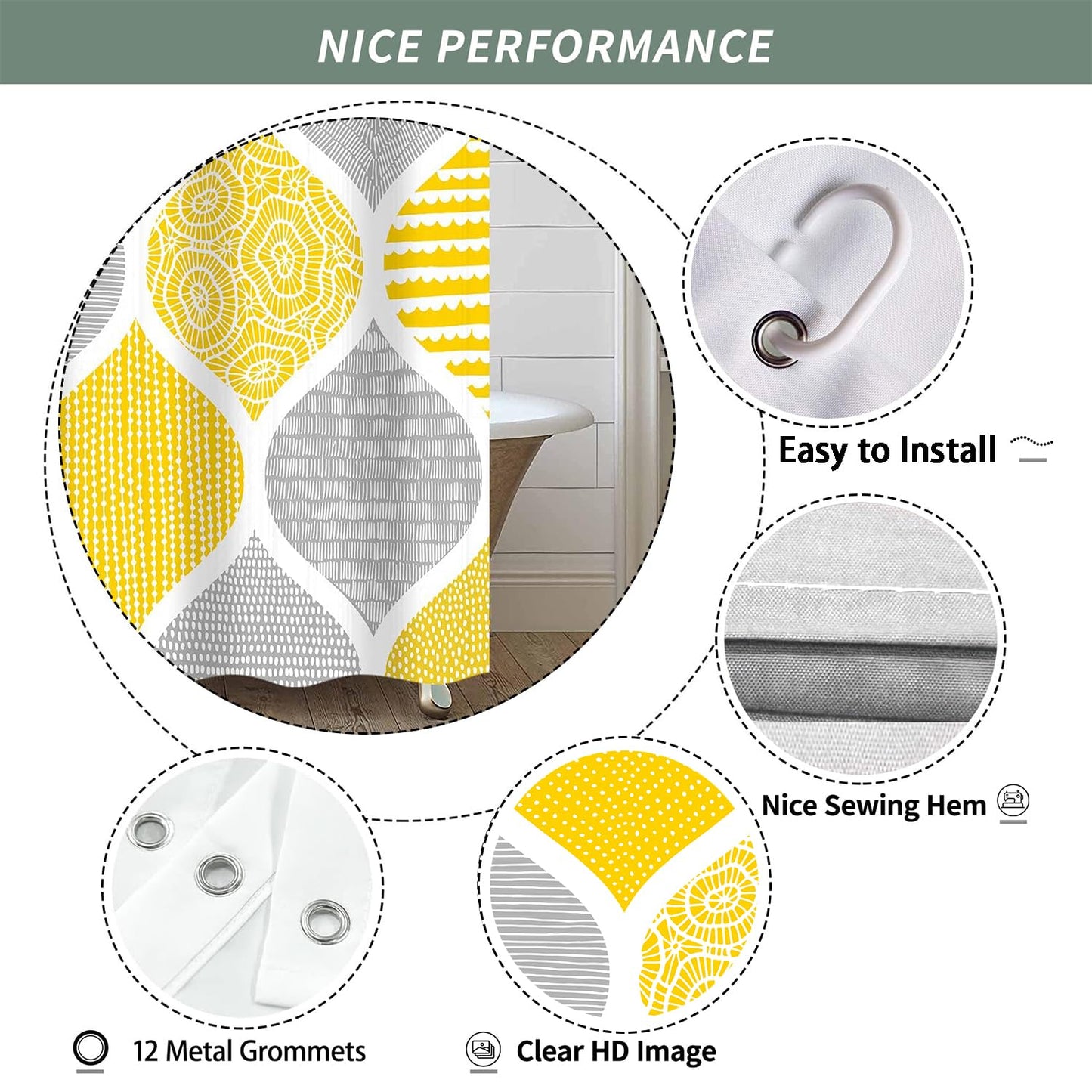 iTapnoom Boho Yellow and Grey Shower Curtain Set, Dark Gray Abstract Geometric Pattern Shower Curtains for Bathroom Decor Accessories, Modern Bohemia Paisley Fabric Bath Curtains with Hooks 72X72