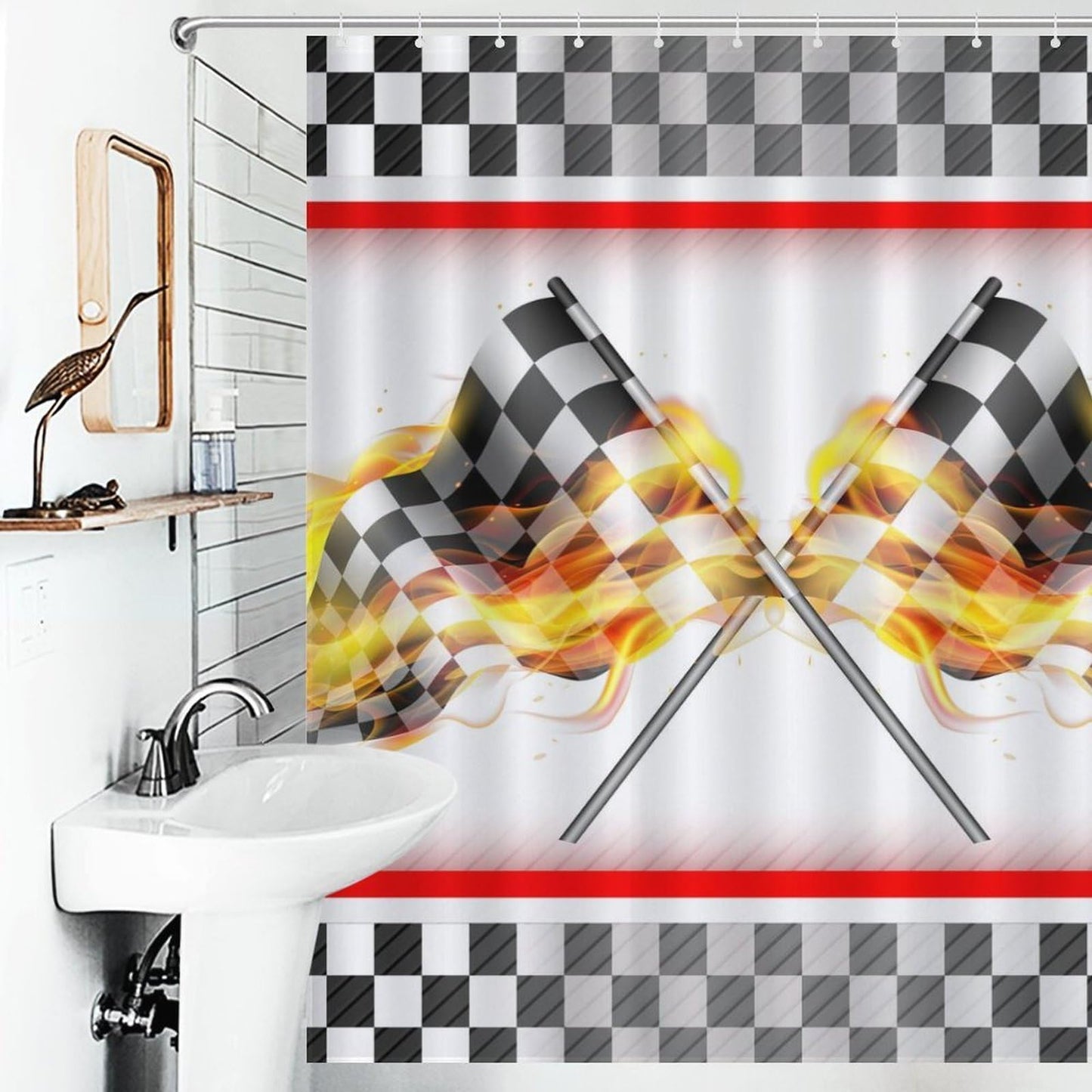 Racing Car Shower Curtain for Bathroom, Race Flag Game Theme Checkered Firing White and Black Flag for Kids Boys Waterproof Fabric Shower Curtain Set with Hooks, 72"x72" Inch