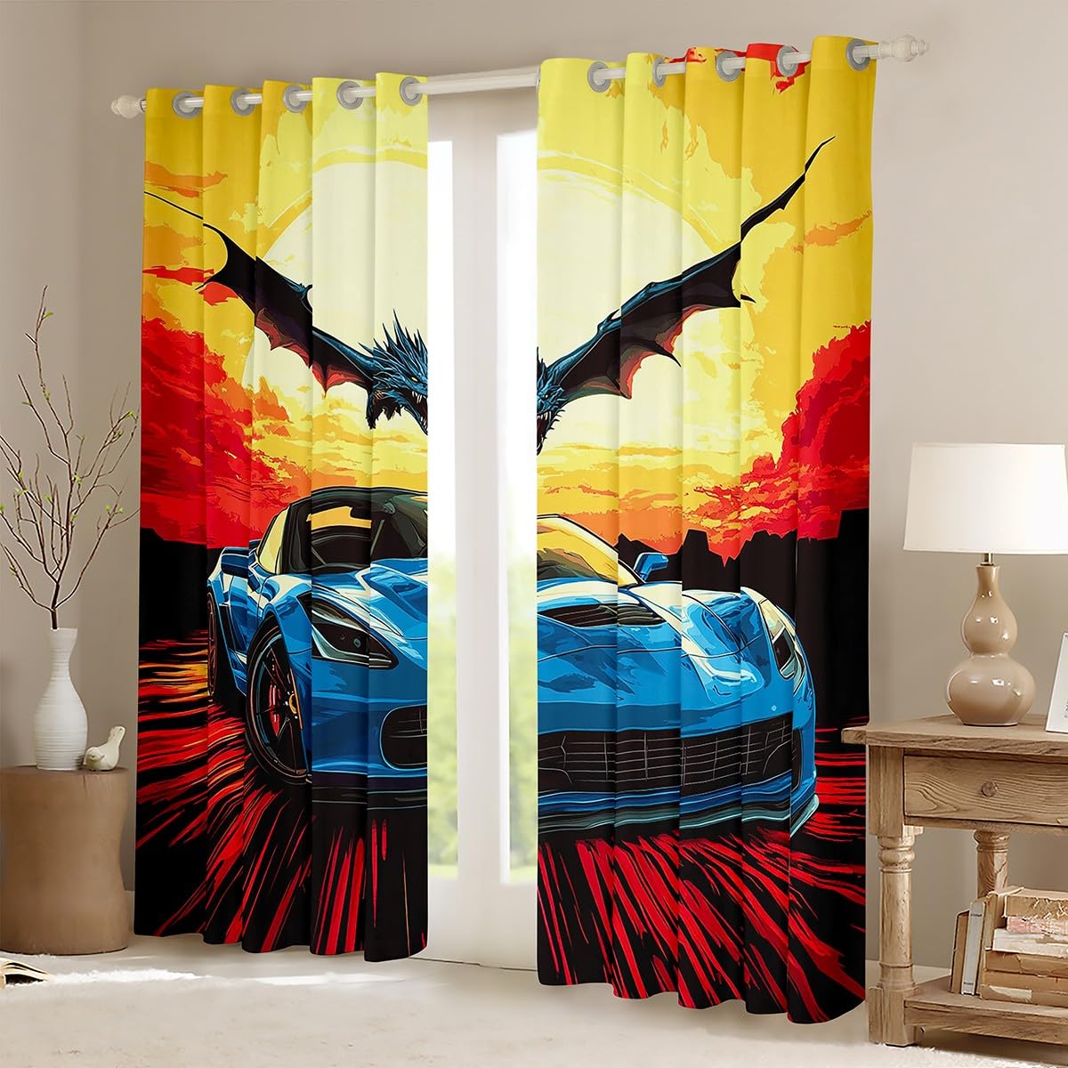 Feelyou Kids Race Car Blackout Curtains Speed Sports Car Window Curtains Racing Car Darkening Drapes Boys Girls Extreme Sports Teens Window Treatments Bedroom Decor (2 Panels, 42 x 63 Inch)