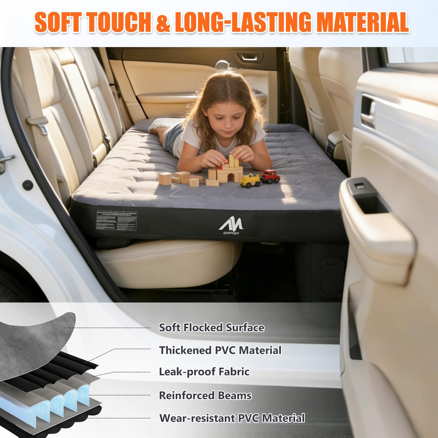 AYAMAYA Car Air Mattress Back Seat, Inflatable Car Bed with Built-in Cordless Rechargeable Air Pump for SUV, Sedan, All-in-One Car Mattress with Pillow & Support Column for Camping, Road Trip, Travel