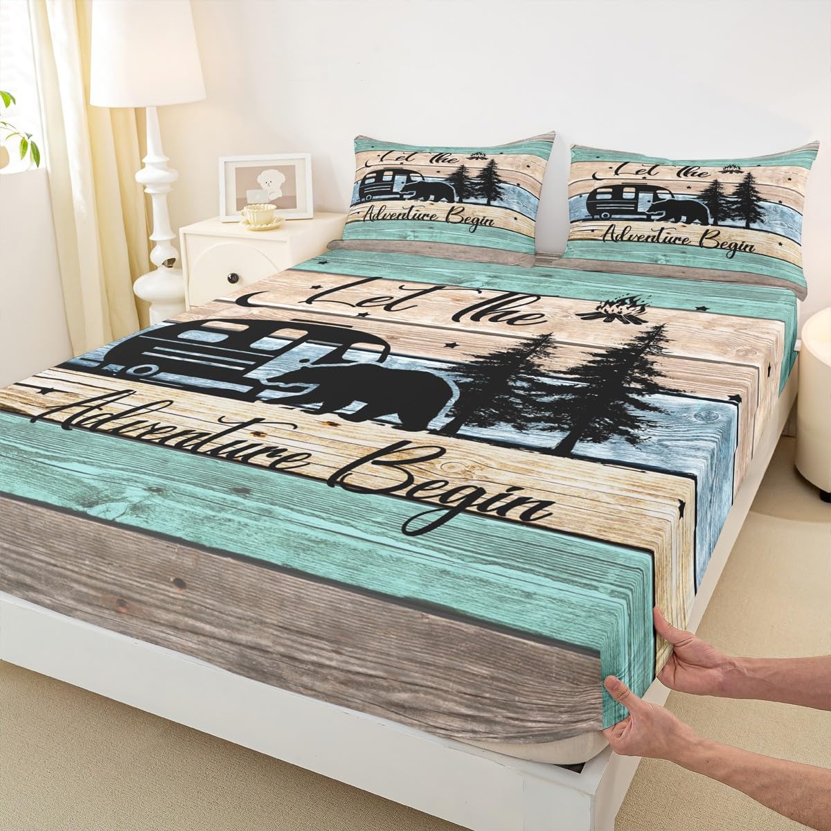 Camper Bedding 2 Pieces, Rustic Farmhouse Style Fitted Sheet Happy Camping Bedding Set for Teens Adult Camping Fitted Bed Sheets,Black Sketch Drawing Bear Decor Bedding, Twin Size