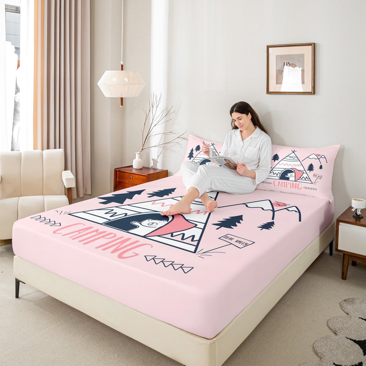 Happy Camping Campers Fitted Sheet Full, Tent Pines Bear Sketch Bedding Set, Happy Outdoors Natural Bed Cover 3 Pcs for Kids Teens Adults Room Decor,Rustic Pink Bed Sheet Set with 2 Pillowcases