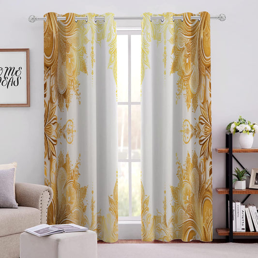 Golden Elegant Flowers Blackout Curtains, Warm Bright Texture 3D Printed Noise Reducing Drapes, 2 Panel Top Grommet Drapes for Bedroom Bathroom Living Room Kids Room(84" W x 84 "L)